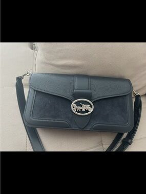NWOT Coach Navy Leather & Suede Crossbody with Silver Horse-and-Carriage Accent